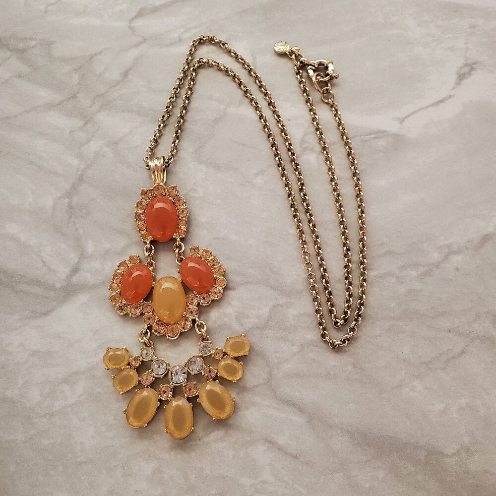 ✨ J.Crew Orange Yellow Pendant Cabochon Rhinestone Crystal Pave Necklace 💖